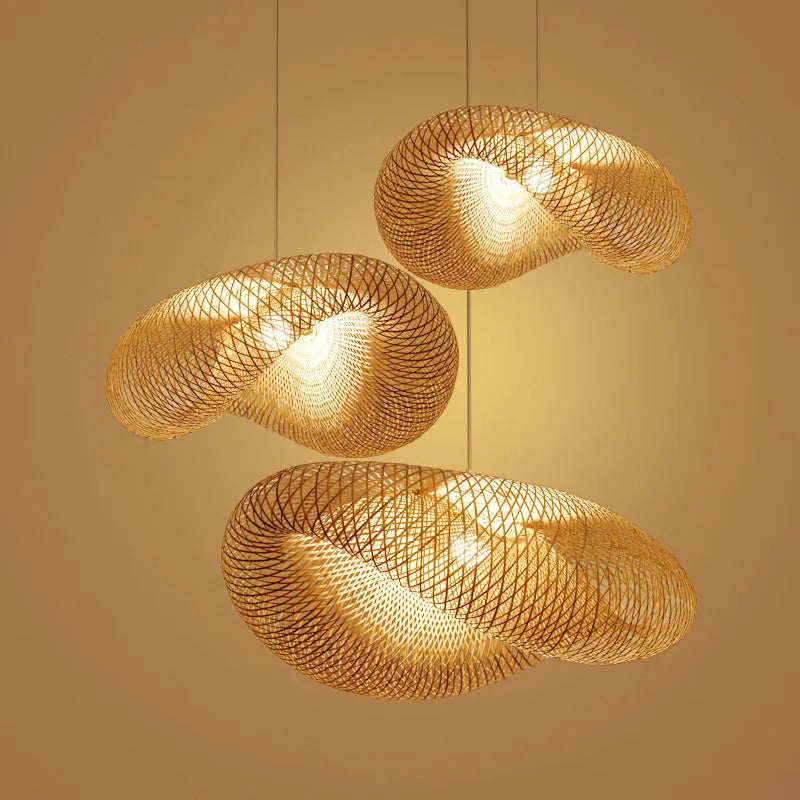 Chinese Zen style bamboo chandelier with a large 40cm diameter shell shade