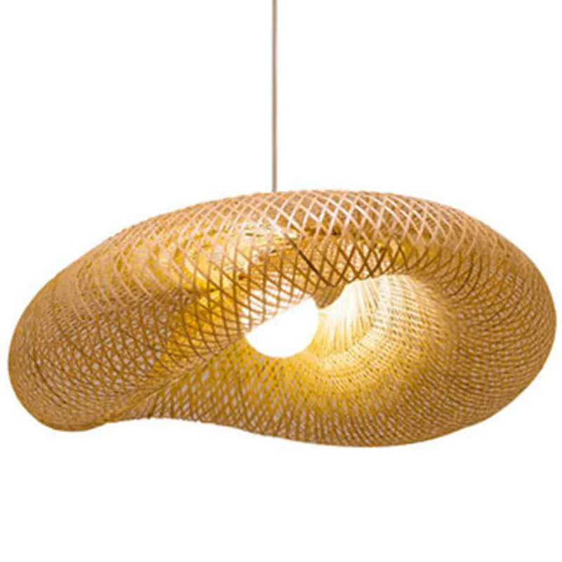 Chinese Zen style bamboo chandelier with a large 40cm diameter shell shade