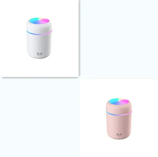 Pink car USB humidifier with LED lights showing water tank and control button
