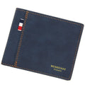 Men's short tri-fold leather wallet open showing card slots, in black, navy, dark brown, or light brown.