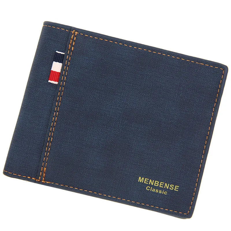 Men's short tri-fold leather wallet open showing card slots, in black, navy, dark brown, or light brown.