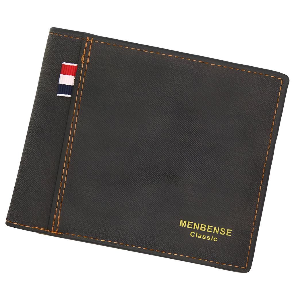 Men's short tri-fold leather wallet open showing card slots, in black, navy, dark brown, or light brown.