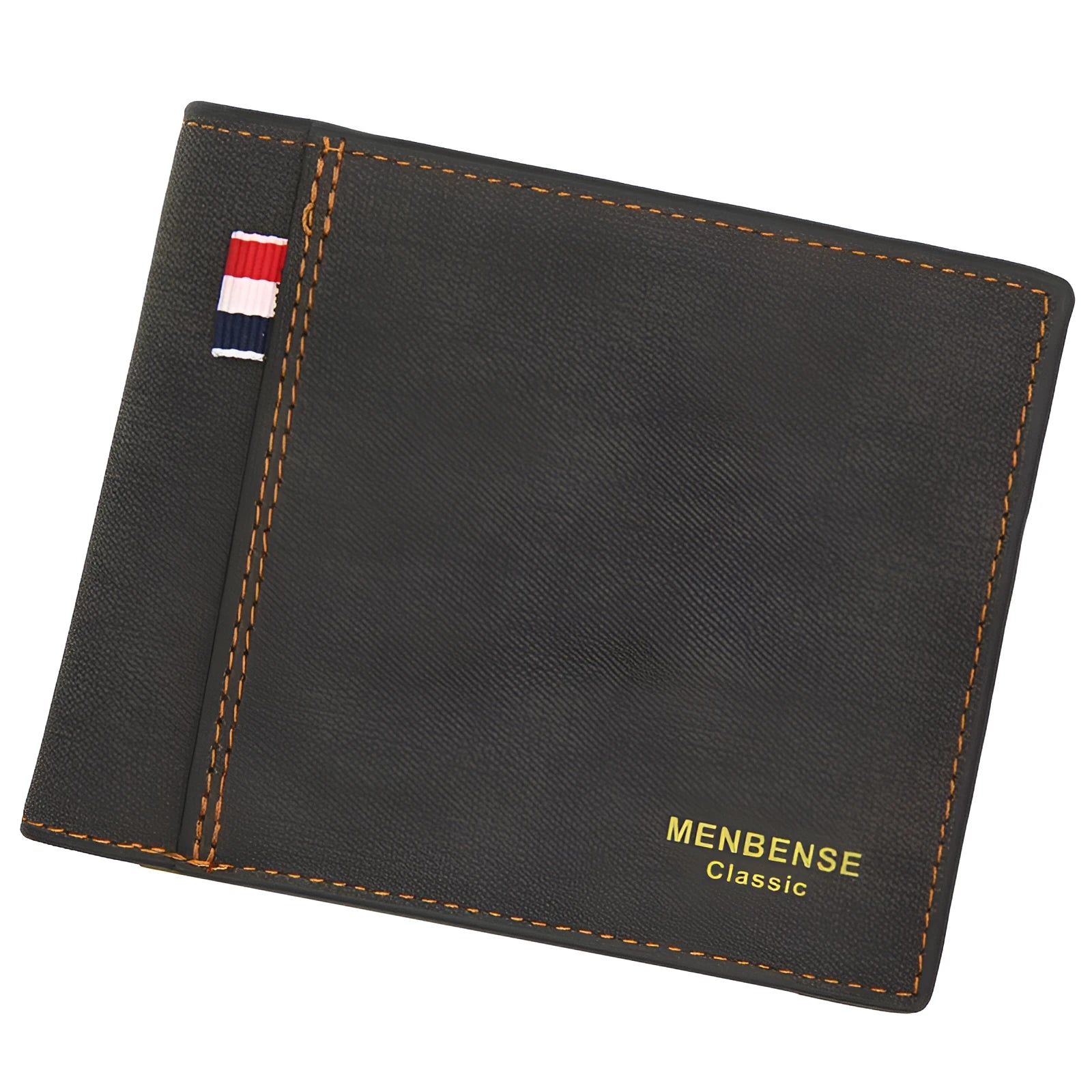 Men's short tri-fold leather wallet open showing card slots, in black, navy, dark brown, or light brown.