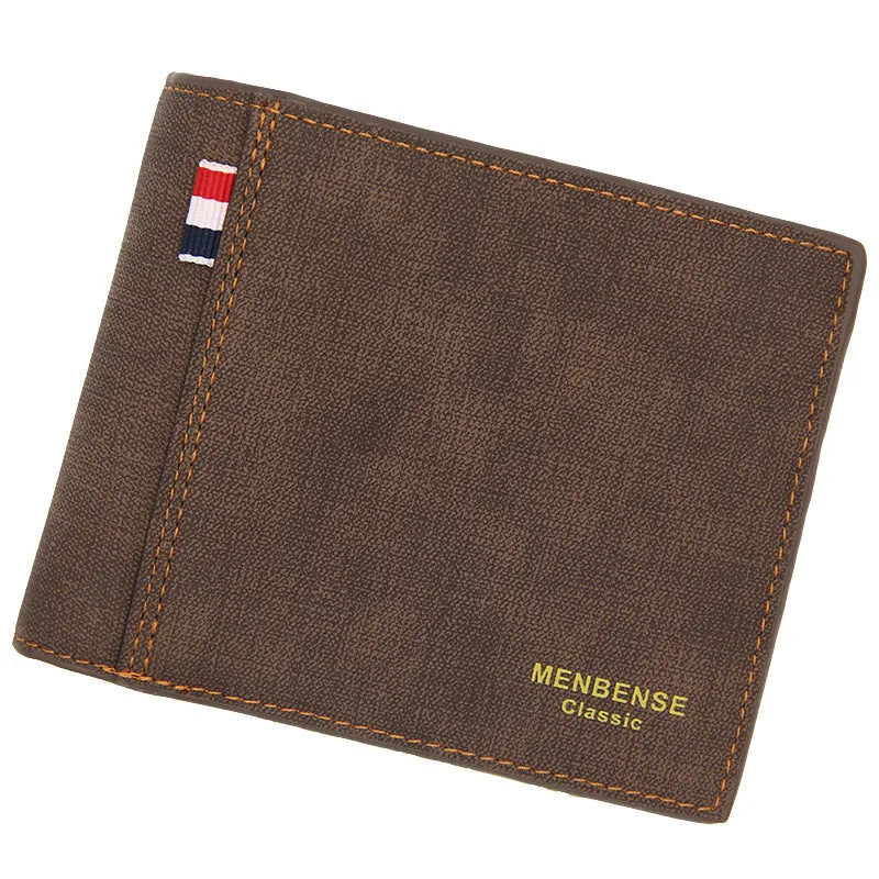 Men's short tri-fold leather wallet open showing card slots, in black, navy, dark brown, or light brown.