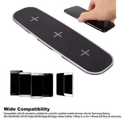Black and white Qi wireless charging pad with 3-in-1 base design and USB cable