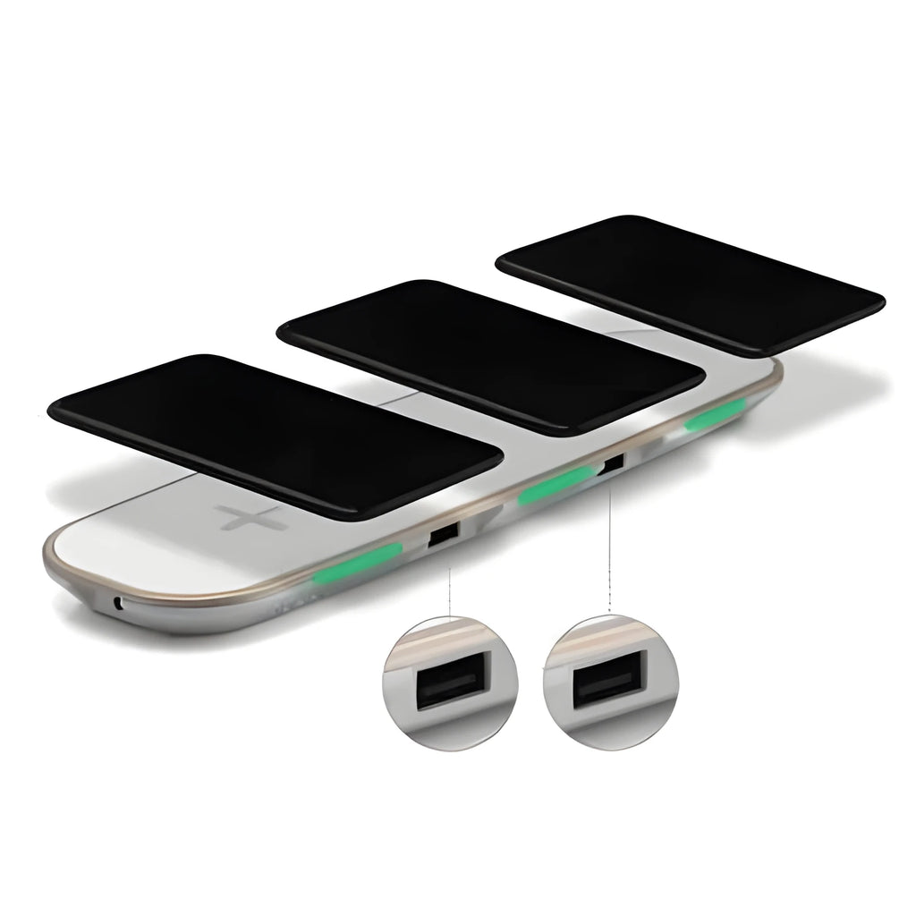 Black and white Qi wireless charging pad with 3-in-1 base design and USB cable