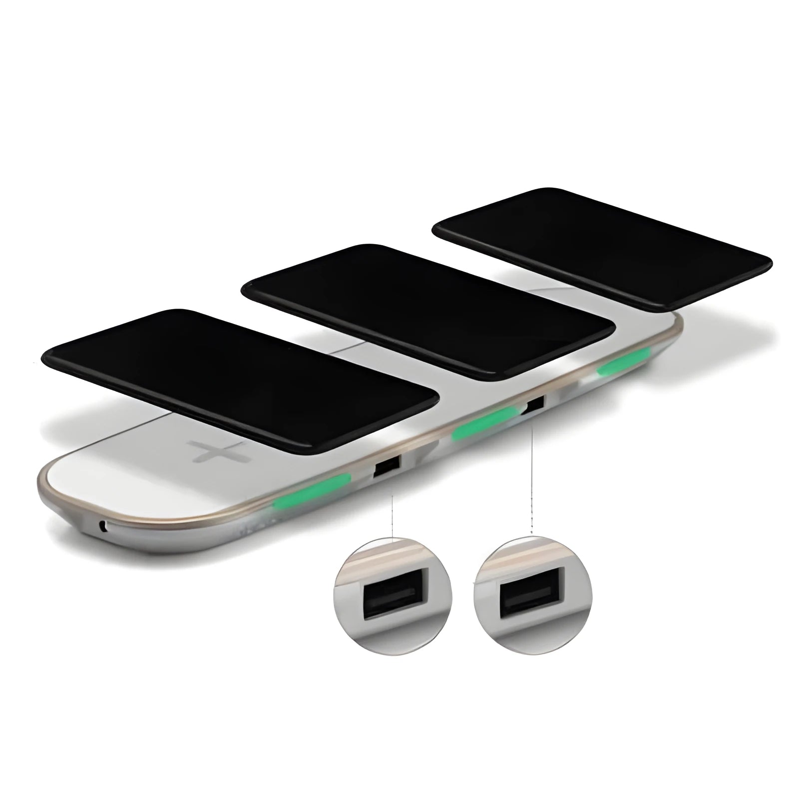 Black and white Qi wireless charging pad with 3-in-1 base design and USB cable