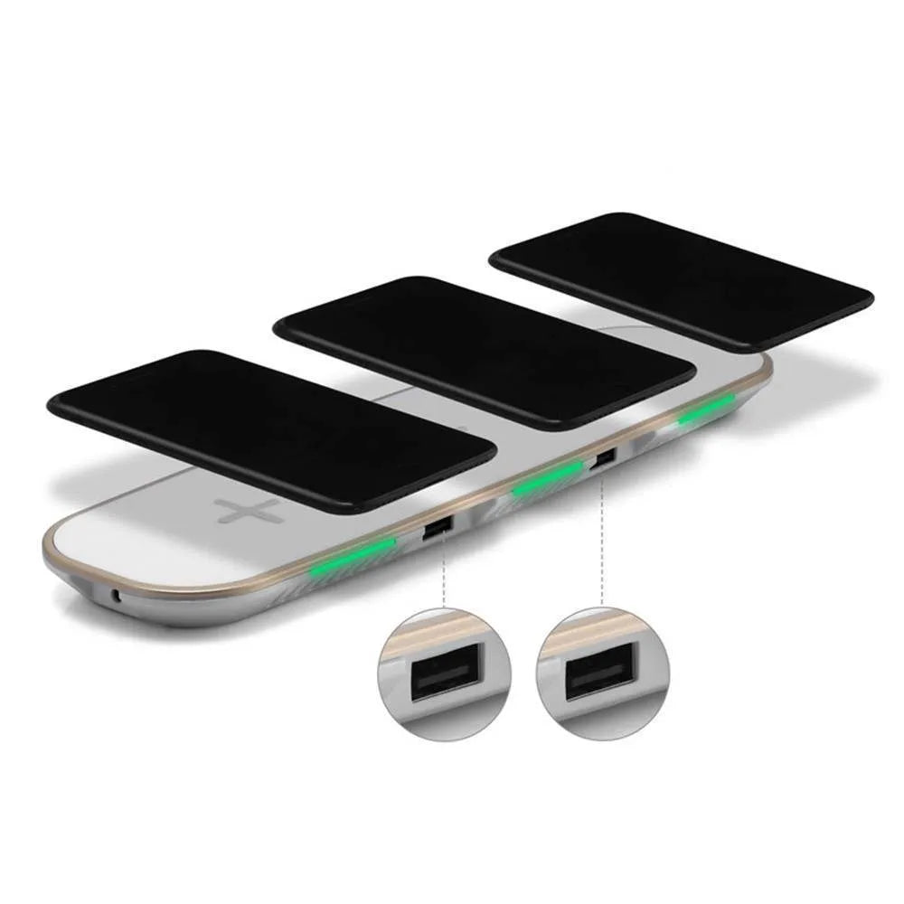 Black and white Qi wireless charging pad with 3-in-1 base design and USB cable
