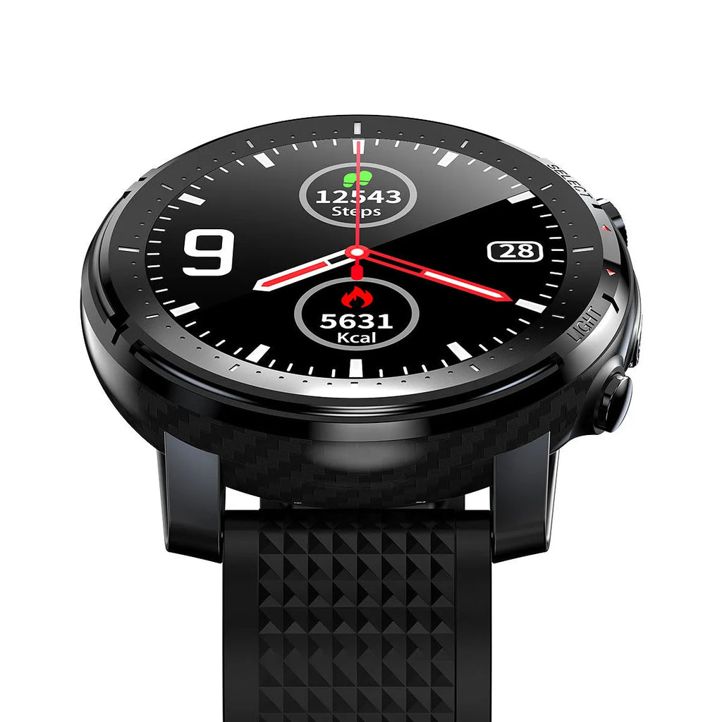 IP68 waterproof Android smart watch for men with round dial and silicone strap in red or black colours
