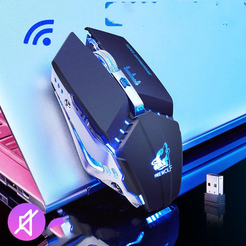 Black rechargeable wireless gaming mouse with six buttons and ergonomic shape on a desk
