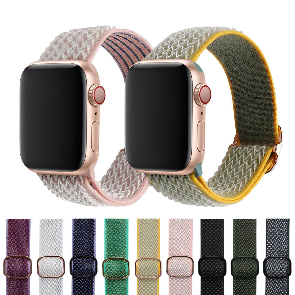Braided nylon elastic Apple Watch strap with a grey wave pattern, shown detached from a watch.