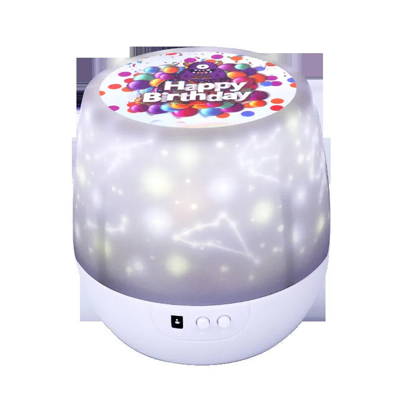 Cartoon-style star projector showing cosmic and constellation film sets with battery/USB power options