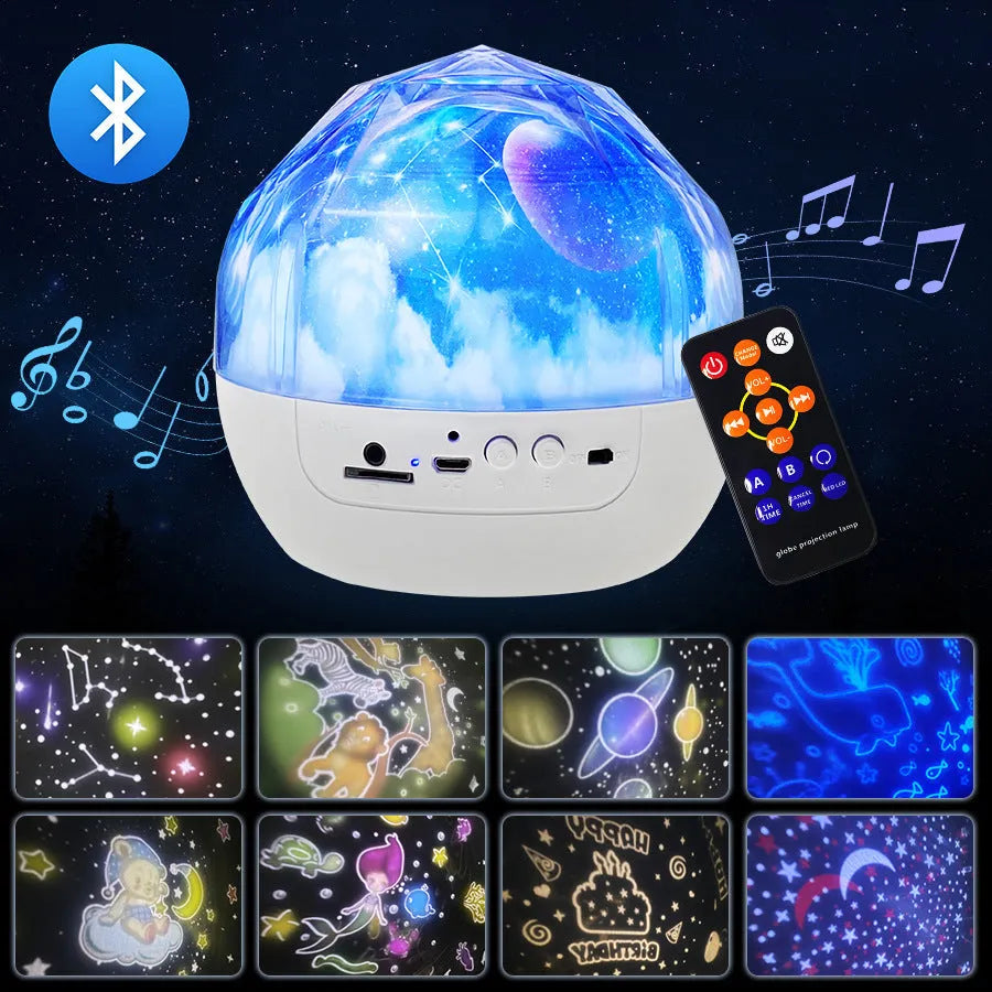Cartoon-style star projector showing cosmic and constellation film sets with battery/USB power options