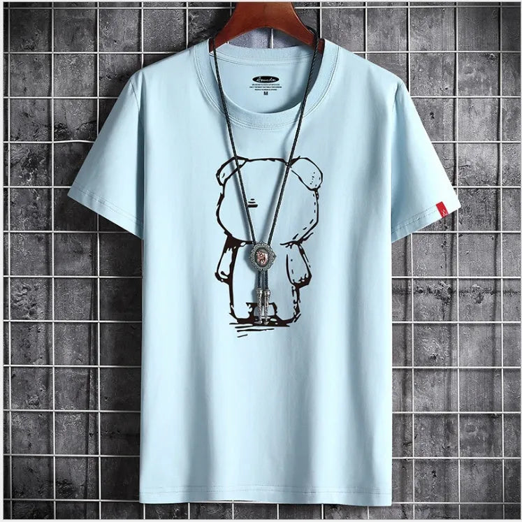 Mens cotton bear anime t-shirt short sleeve loose fit round neck street fashion top