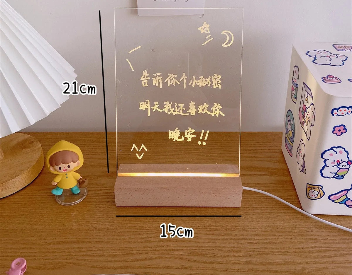 LED bedside lamp with message board surface and erasable pen in bedroom setting