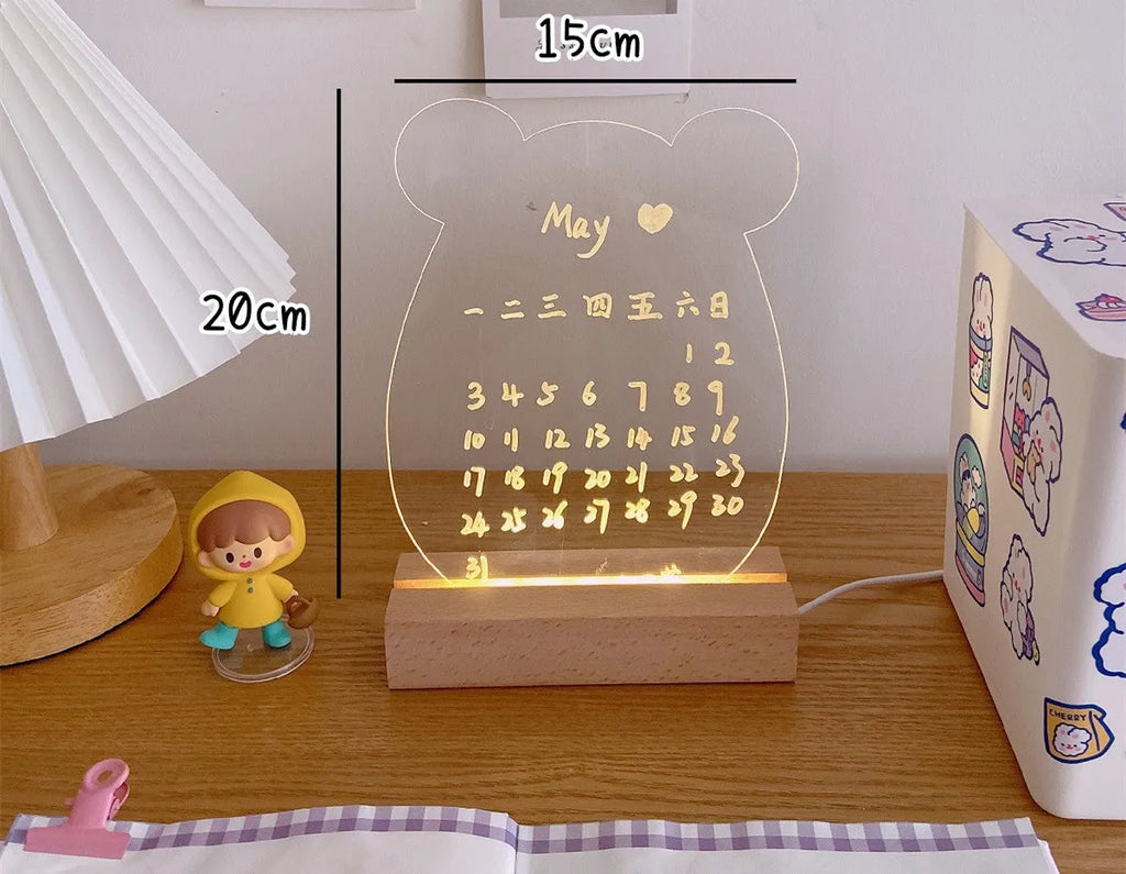 LED bedside lamp with message board surface and erasable pen in bedroom setting