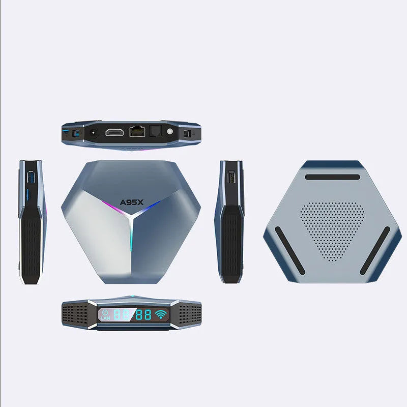 8K Android TV set-top box with remote control, HDMI cable, and power adapter