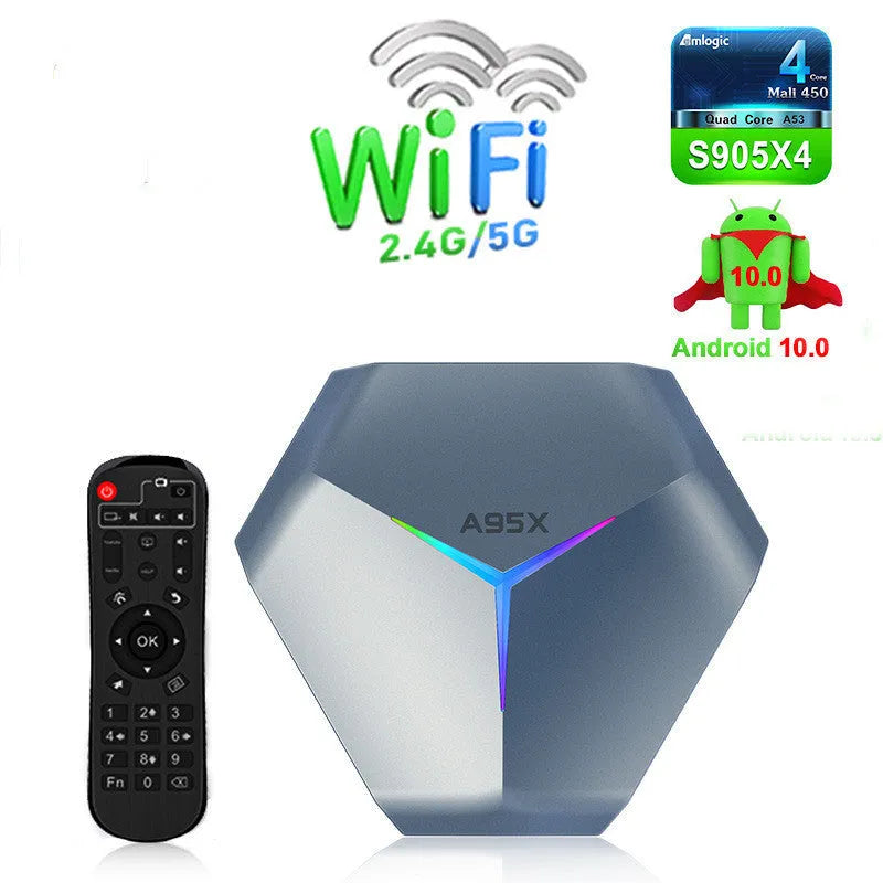 8K Android TV set-top box with remote control, HDMI cable, and power adapter
