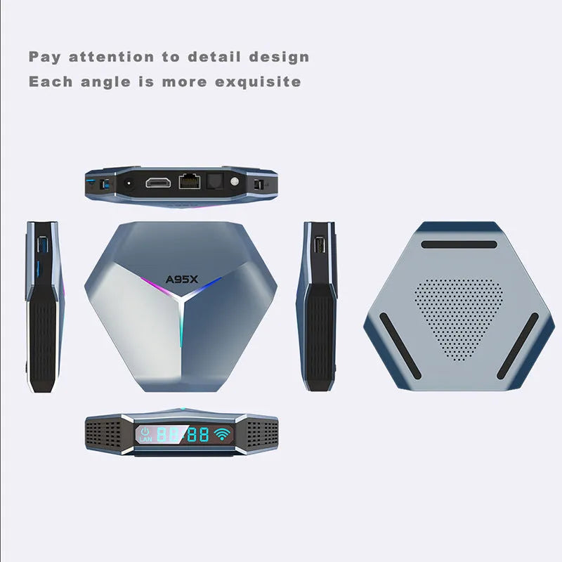 8K Android TV set-top box with remote control, HDMI cable, and power adapter