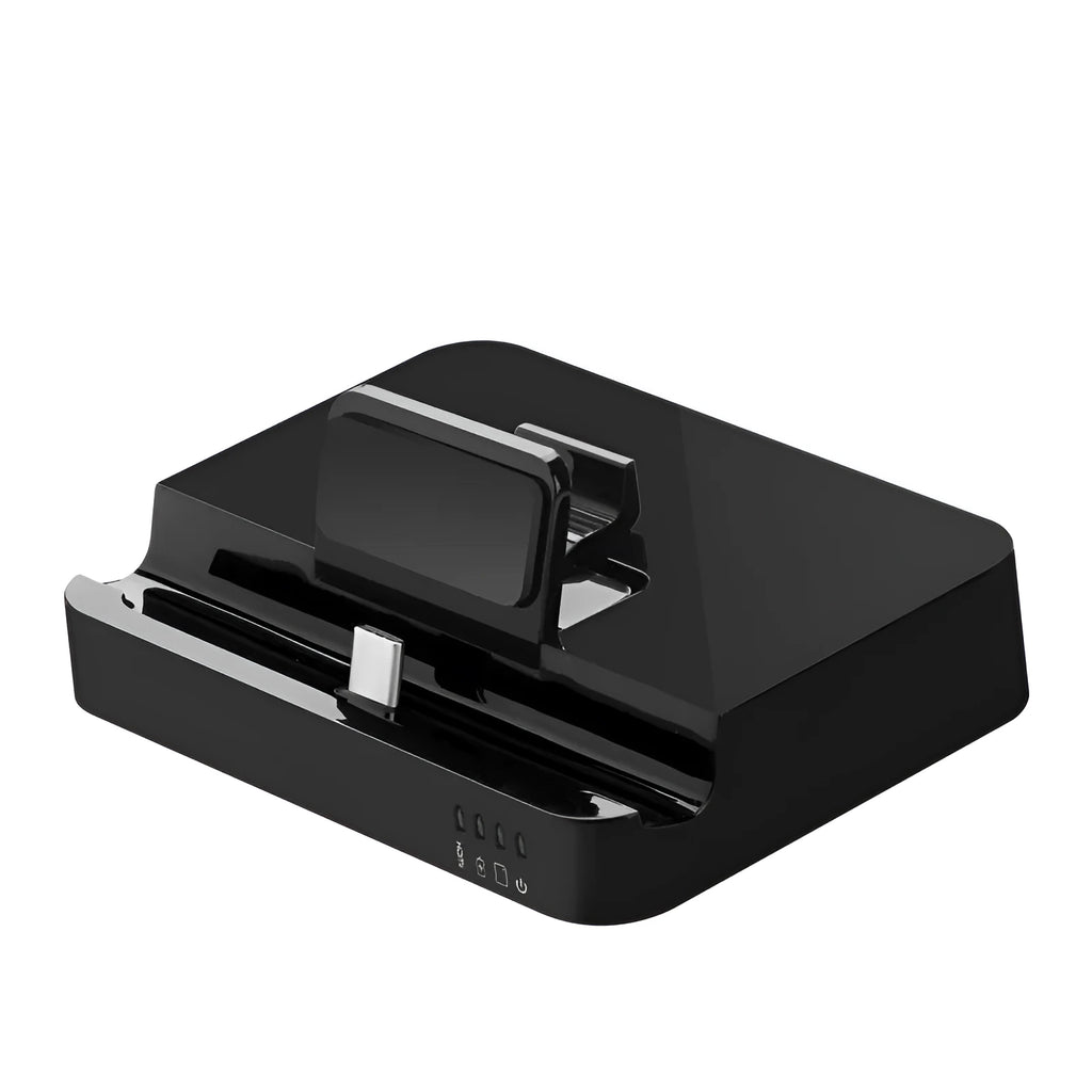 Black mobile phone to HDMI converter dock for high-definition video transfer.