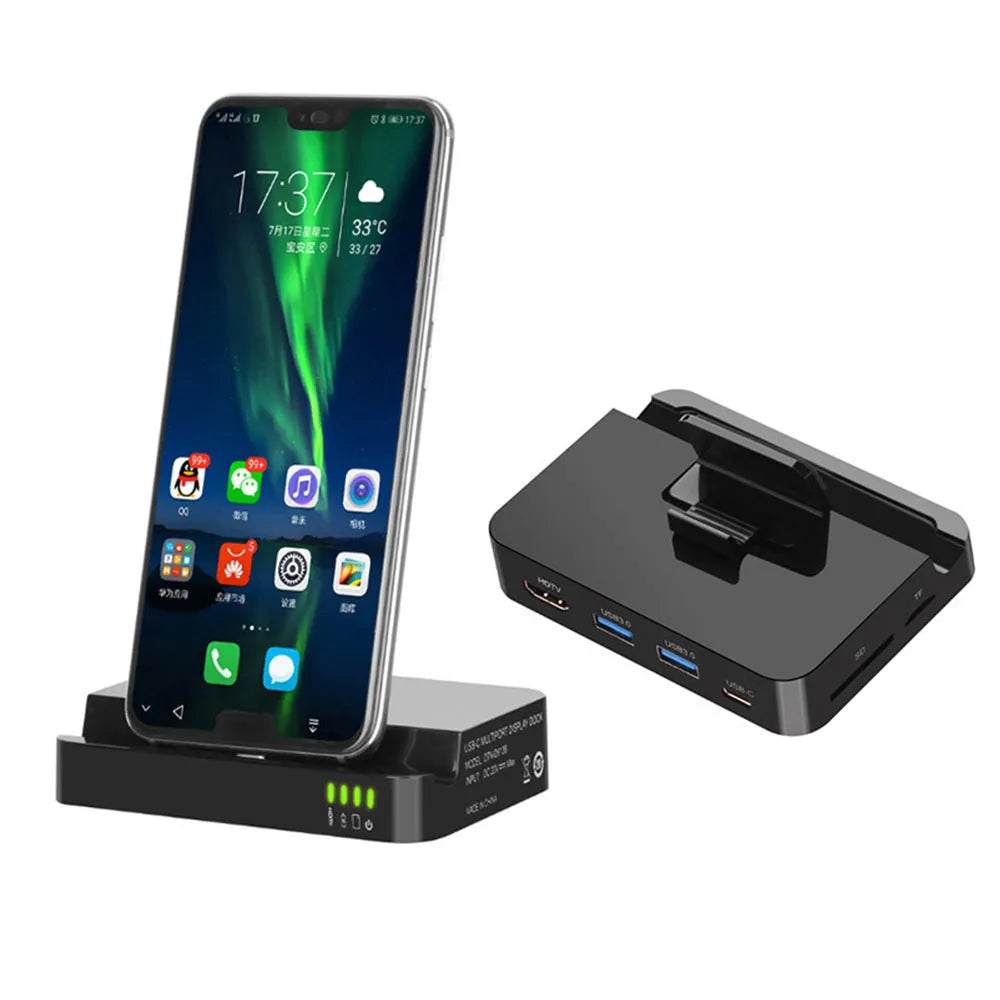 Black mobile phone to HDMI converter dock for high-definition video transfer.