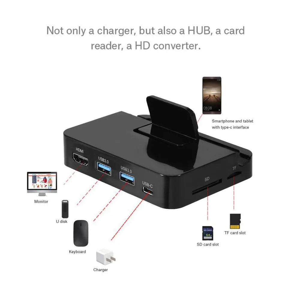Black mobile phone to HDMI converter dock for high-definition video transfer.