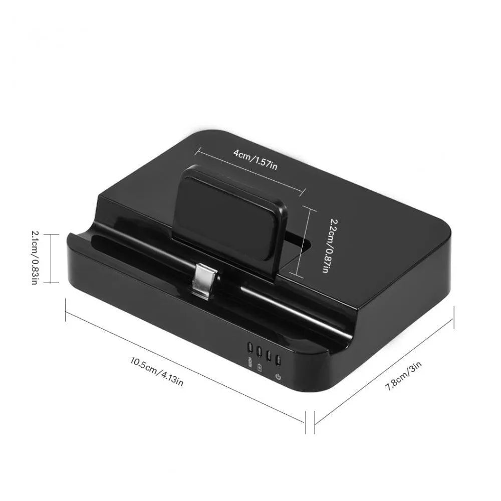 Black mobile phone to HDMI converter dock for high-definition video transfer.