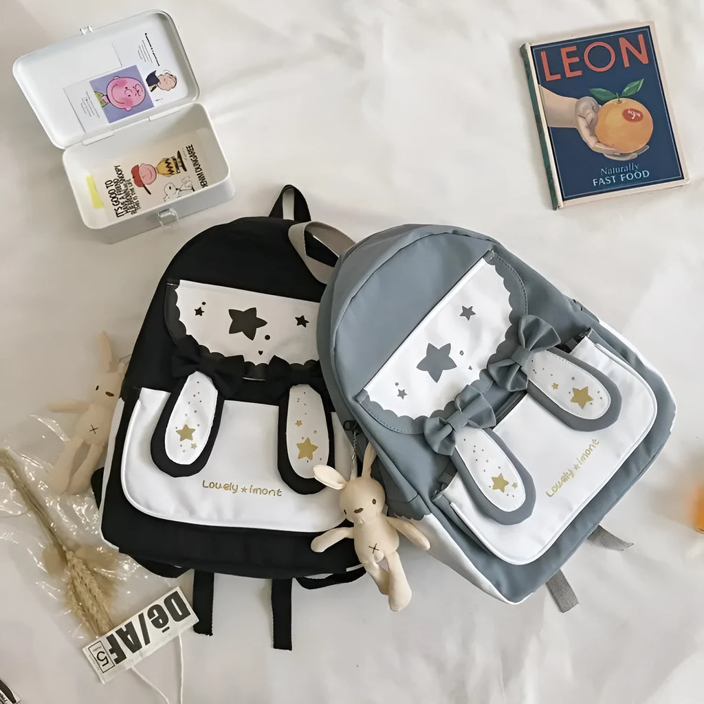 Cute bunny ears bowknot backpack in black with vertical square shape and soft handle