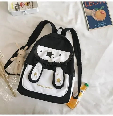 Cute bunny ears bowknot backpack in black with vertical square shape and soft handle