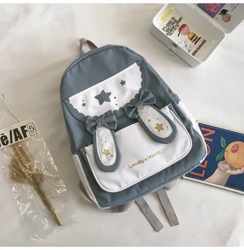 Cute bunny ears bowknot backpack in black with vertical square shape and soft handle