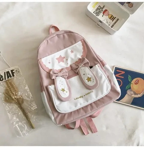 Cute bunny ears bowknot backpack in black with vertical square shape and soft handle