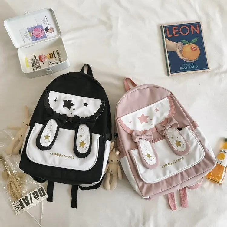Cute bunny ears bowknot backpack in black with vertical square shape and soft handle