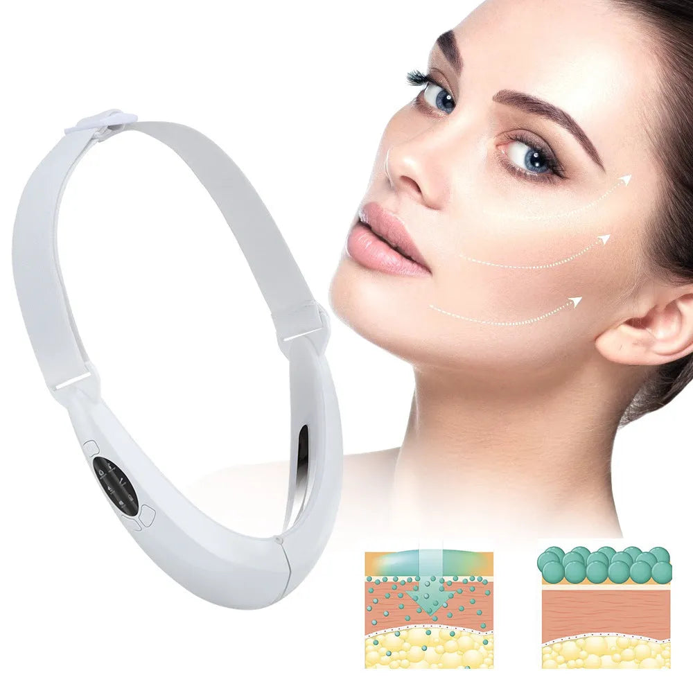 White ABS facial lifting device with red and blue light therapy panels, showing control buttons for modes and vibration levels.