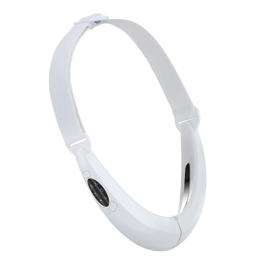 White ABS facial lifting device with red and blue light therapy panels, showing control buttons for modes and vibration levels.