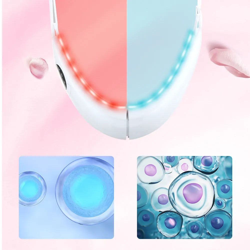 White ABS facial lifting device with red and blue light therapy panels, showing control buttons for modes and vibration levels.