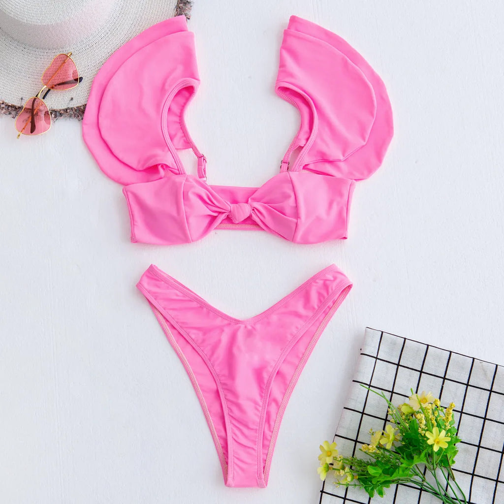 Solid colour pink ruffle bikini set with removable chest pad for women, two-piece nylon swimwear