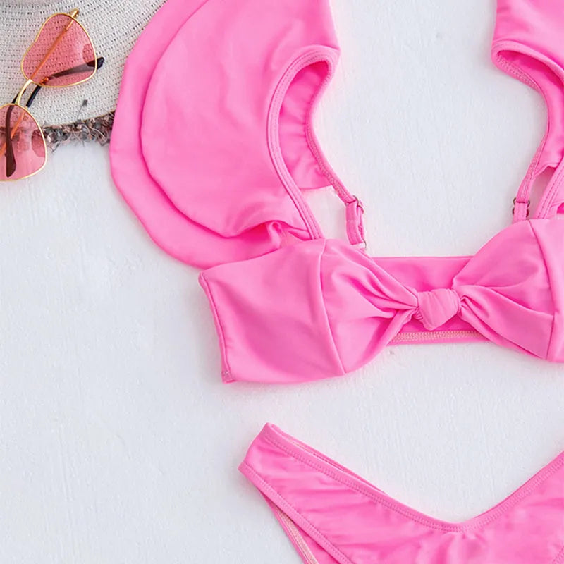 Solid colour pink ruffle bikini set with removable chest pad for women, two-piece nylon swimwear