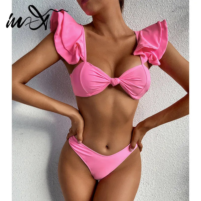 Solid colour pink ruffle bikini set with removable chest pad for women, two-piece nylon swimwear