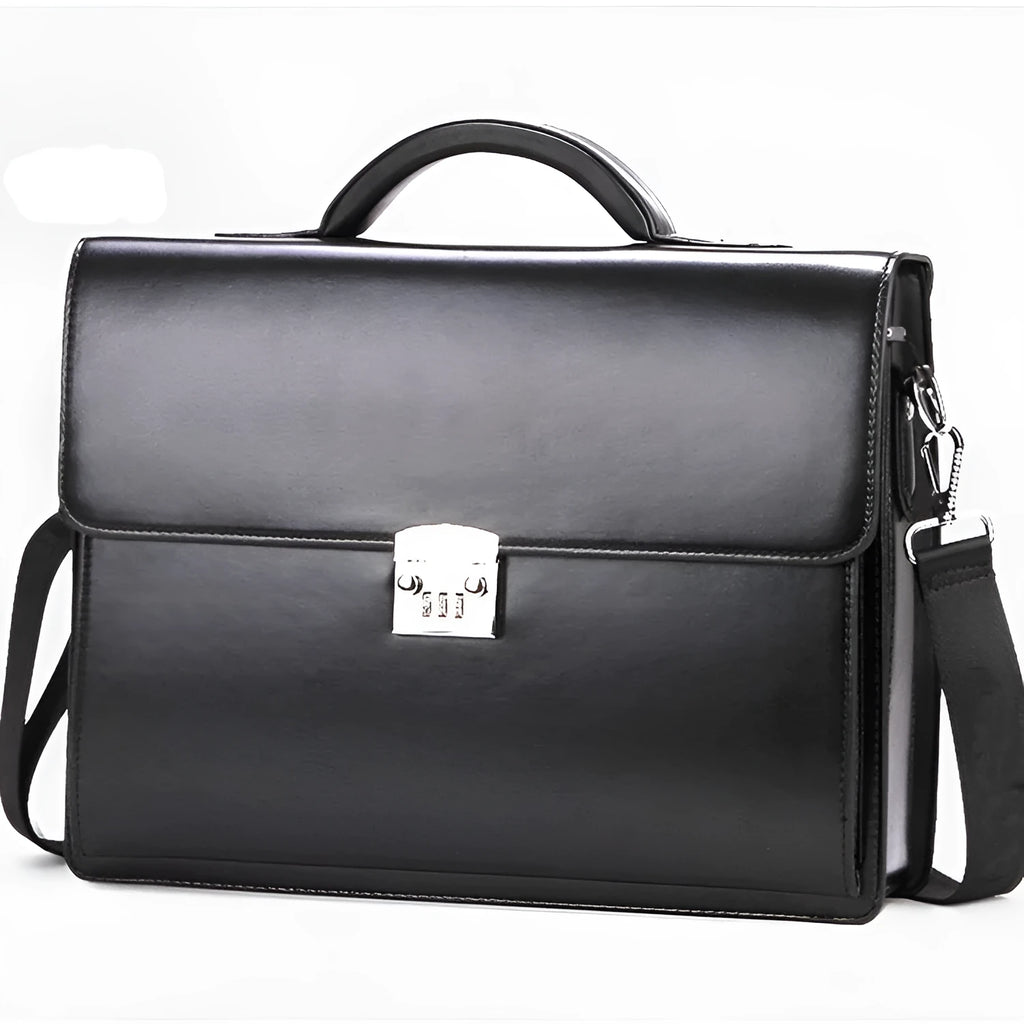 Black horizontal square men's business briefcase made from PU leather with a zipper opening.
