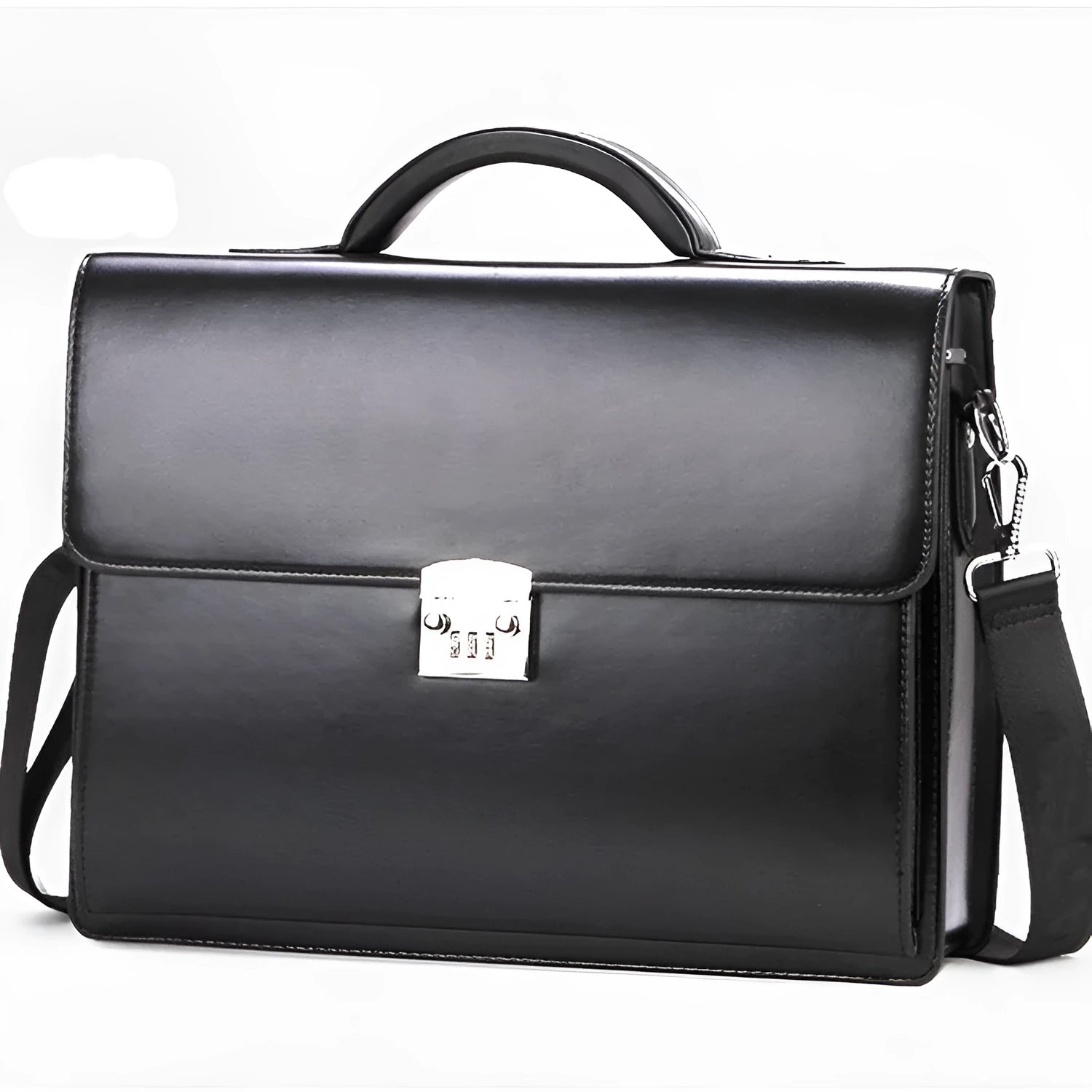 Black horizontal square men's business briefcase made from PU leather with a zipper opening.