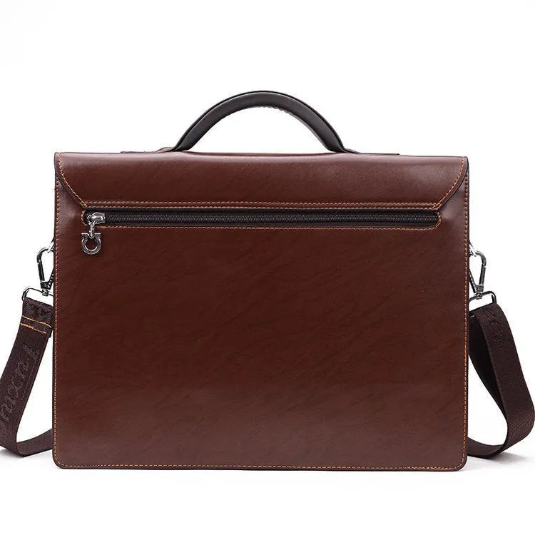 Black horizontal square men's business briefcase made from PU leather with a zipper opening.