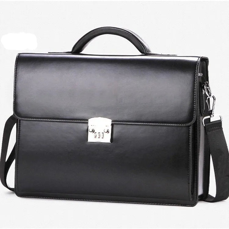 Black horizontal square men's business briefcase made from PU leather with a zipper opening.