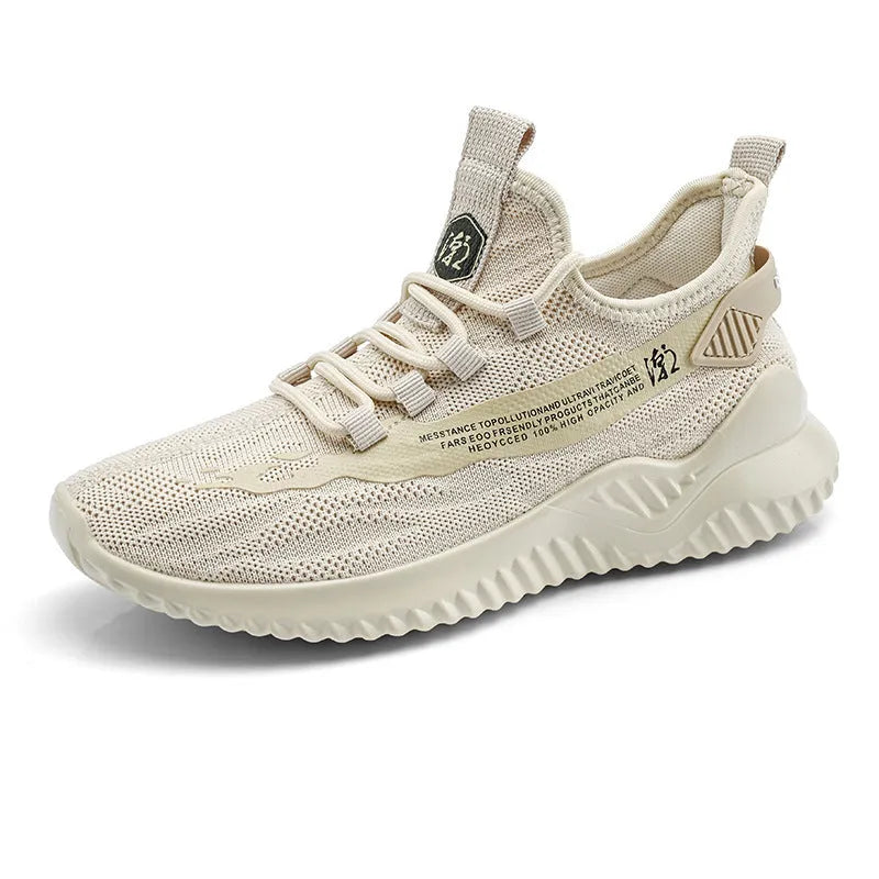 Men's white mesh sports shoes with rubber sole and lace-up front, shown on a plain background.
