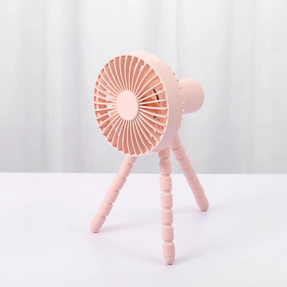 Small adjustable desktop fan with bending head on an octopus tripod, shown in black, green, pink, or white.