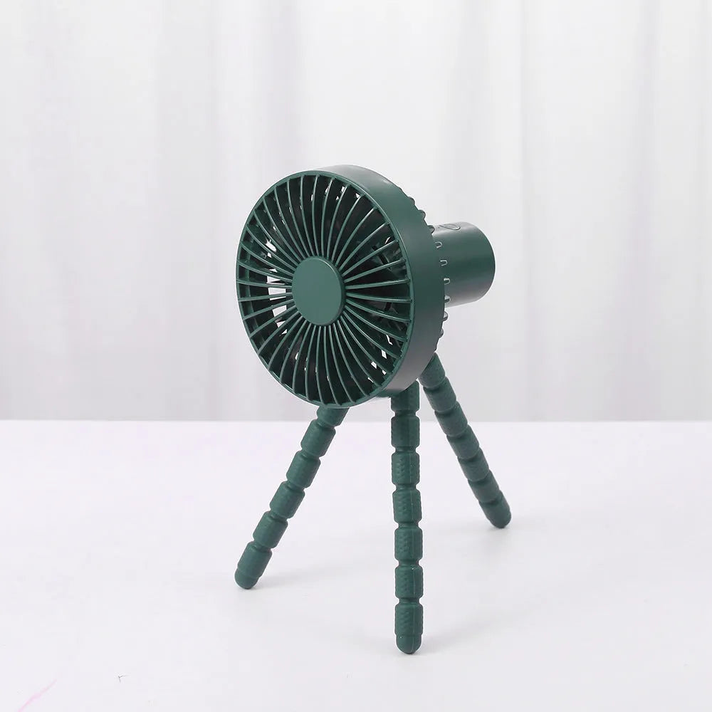 Small adjustable desktop fan with bending head on an octopus tripod, shown in black, green, pink, or white.