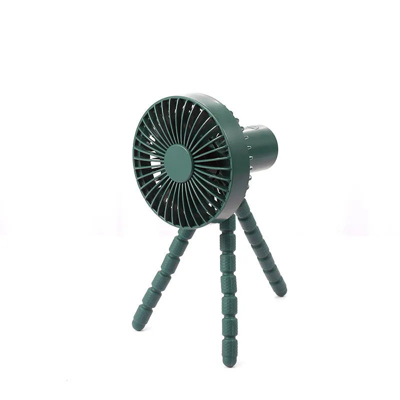 Small adjustable desktop fan with bending head on an octopus tripod, shown in black, green, pink, or white.