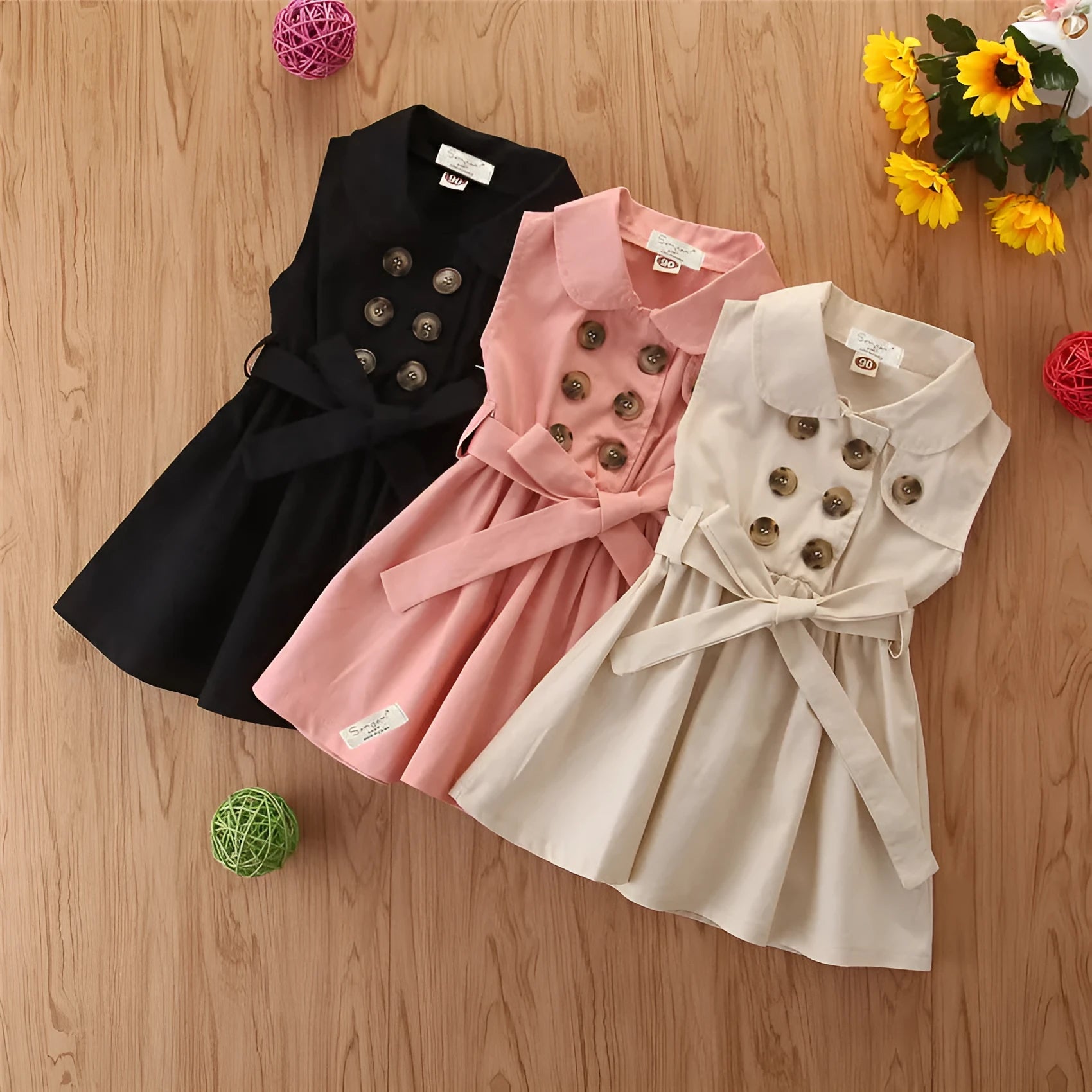 Sleeveless cotton A-line princess dress for a toddler girl in pink, with a front sash.