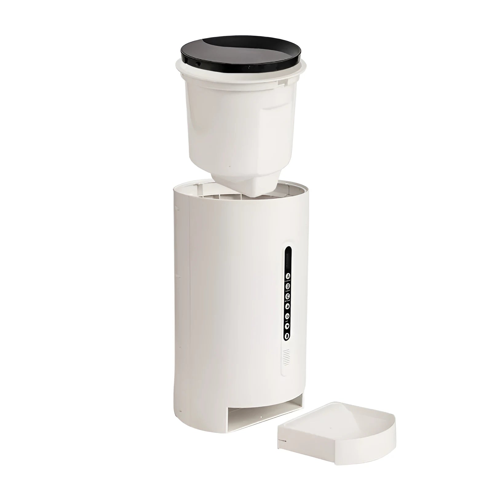 White smart pet feeder with digital timer and large food hopper on a counter.