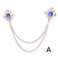 Fringed rhinestone cross collar pin in alloy with electroplated finish and inlaid rhinestones.