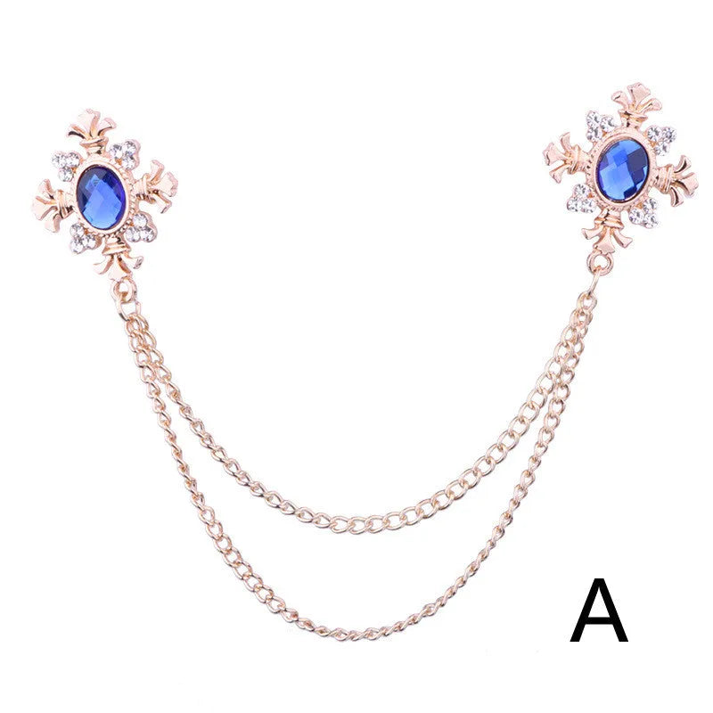 Fringed rhinestone cross collar pin in alloy with electroplated finish and inlaid rhinestones.